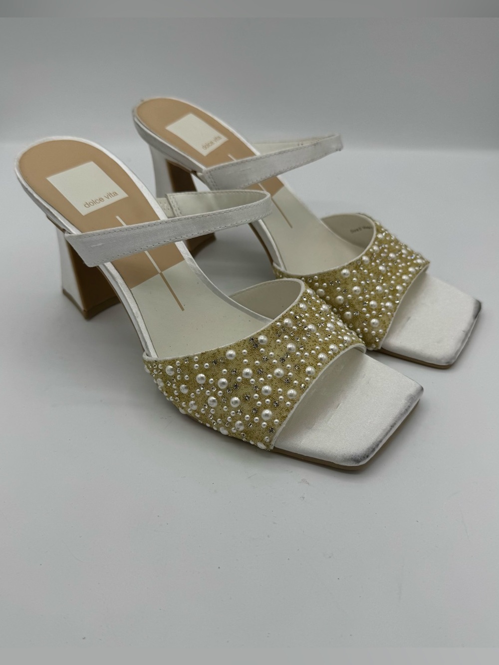 Dolce Vita Nasia Rhinestone Block Heel Sandals White Size 8 bridal rehearsal
